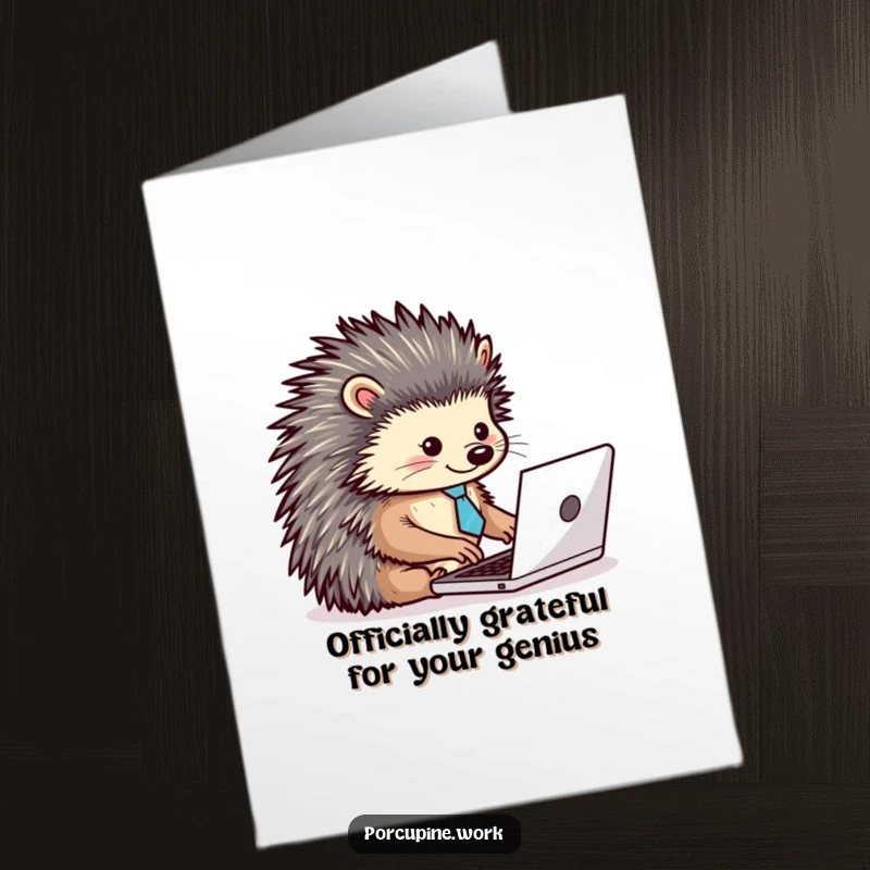 Funny Free Printable Thank You Card: A formally dressed porcupine diligently typing, expressing thanks professionally.
