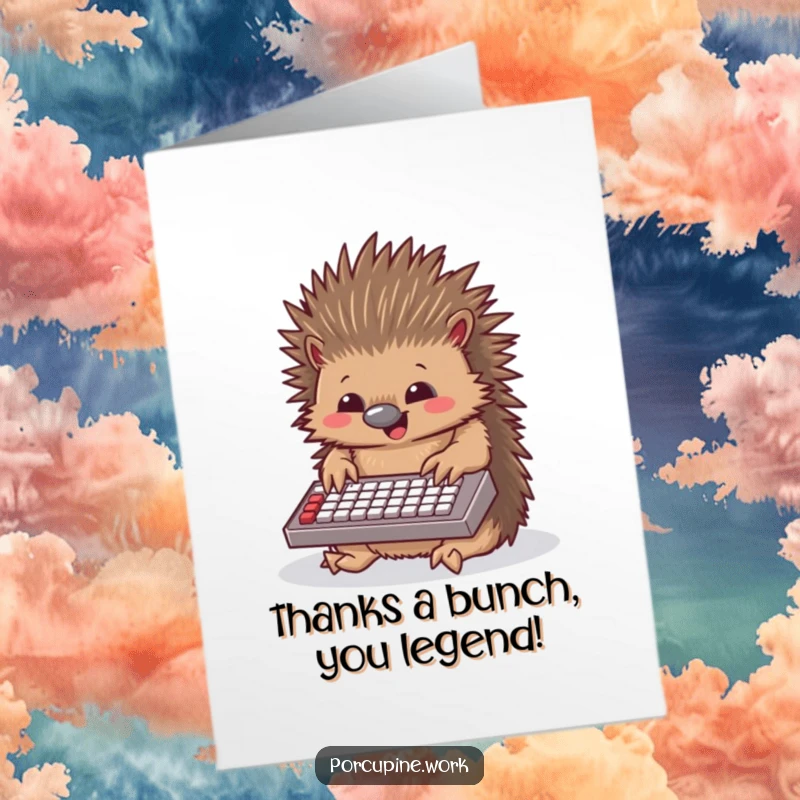 Funny Free Printable Thank You Card: A porcupine happily types on a small keyboard, expressing thanks.