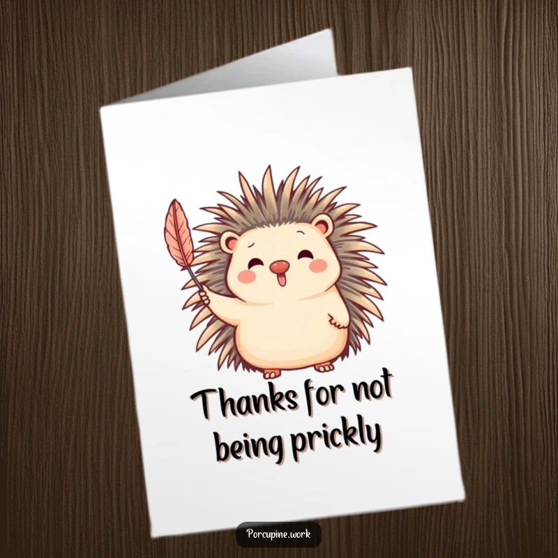 Funny Free Printable Thank You Card showcasing a porcupine waving a quill, conveying thanks with humor.