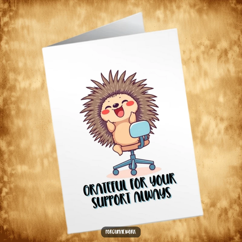 Funny Free Printable Thank You Card: A porcupine rides an office chair with glee, sending thanks with a fun vibe.