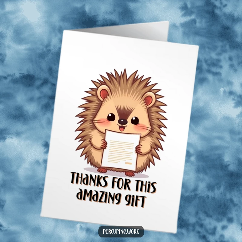 Funny free printable thank you card featuring a porcupine beaming with pride while presenting a document as thanks.
