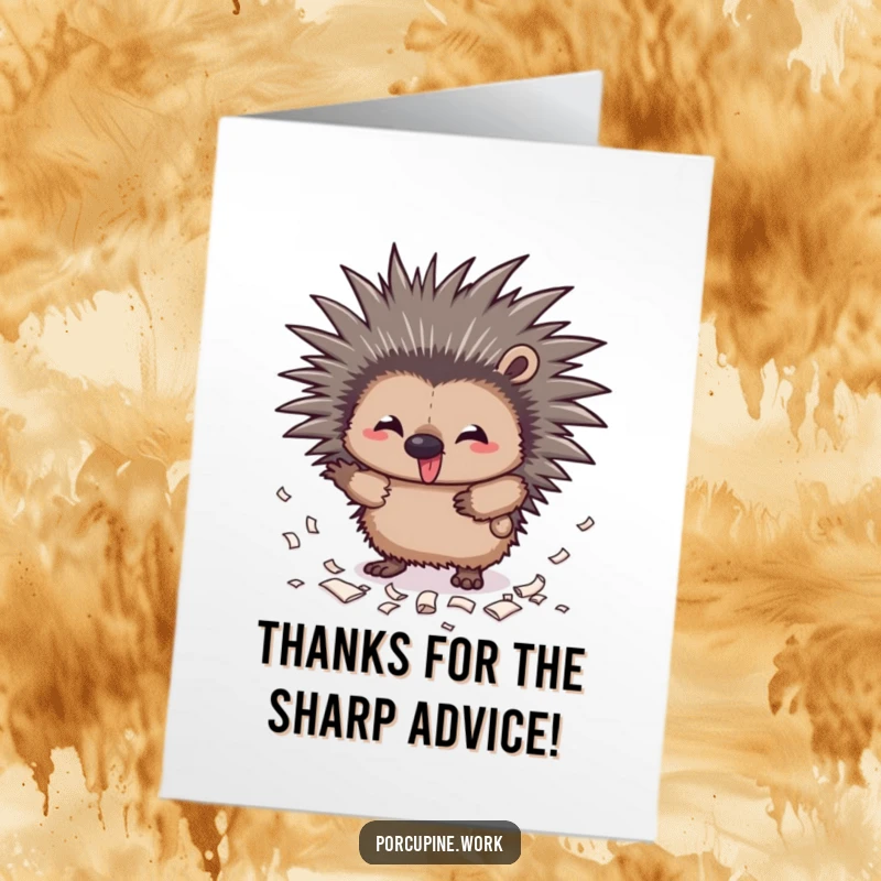 Funny Free Printable Thank You Card: Mischievous porcupine scattering paper scraps, a fun way to say thanks.