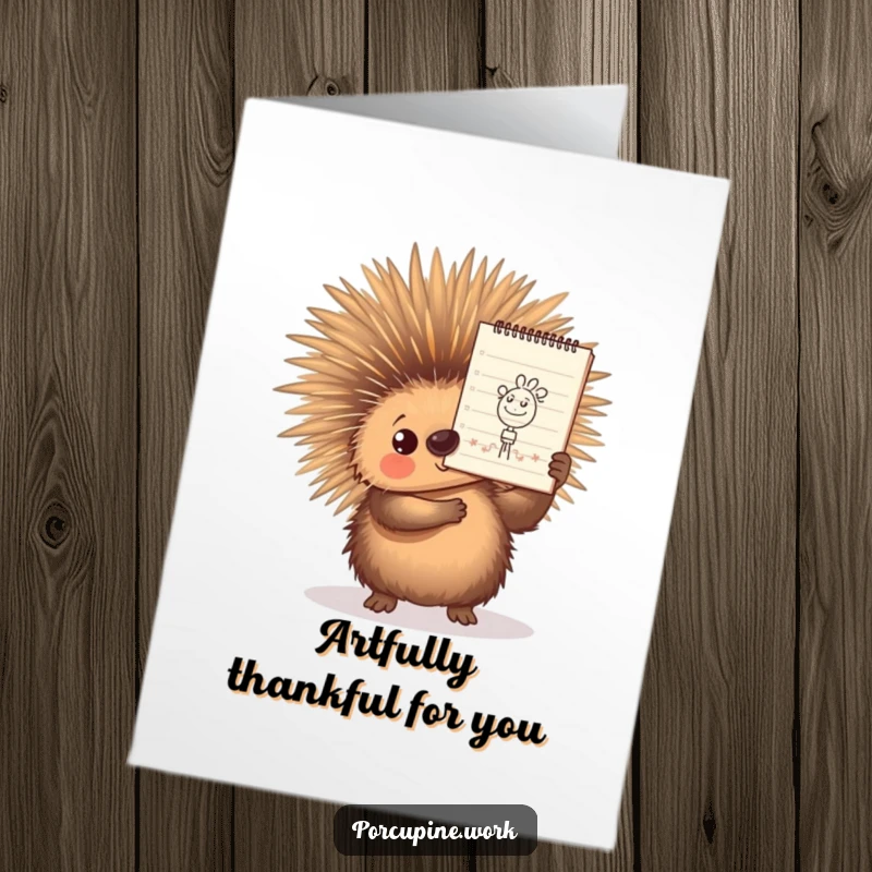 Funny free printable thank you card: a porcupine proudly holds a notepad with its artistic doodle, expressing thanks.