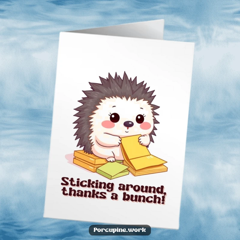 Funny Free Printable Thank You Card: A happy porcupine sorts colorful sticky notes, a unique way to say thanks.