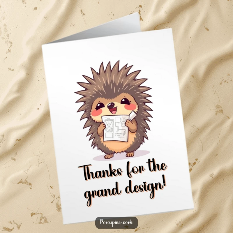 Funny Free Printable Thank You Card: A porcupine beams while holding a tiny, unfurled blueprint.