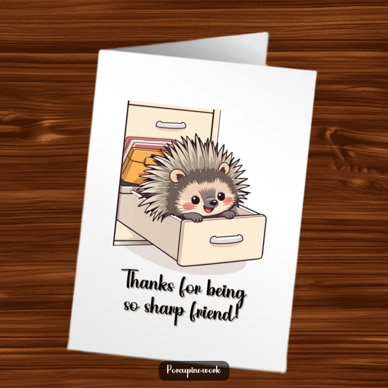 Funny Free Printable Thank You Card: A happy porcupine slides down a filing cabinet drawer, expressing gratitude with its joyful ride.