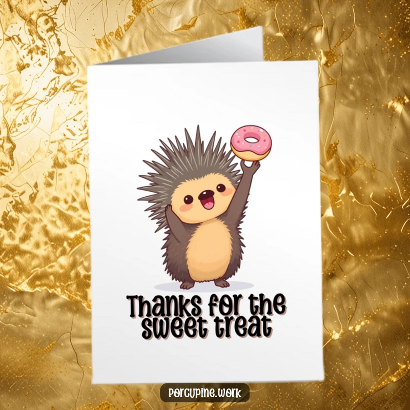 Funny Free Printable Thank You Card: A porcupine triumphantly presents a small donut, symbolizing sweet gratitude.