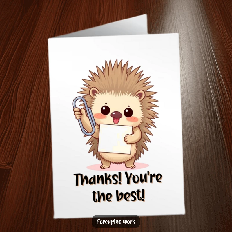 Funny Free Printable Thank You Card: A porcupine proudly holds an oversized paperclip, humorously thanking someone for their big help.