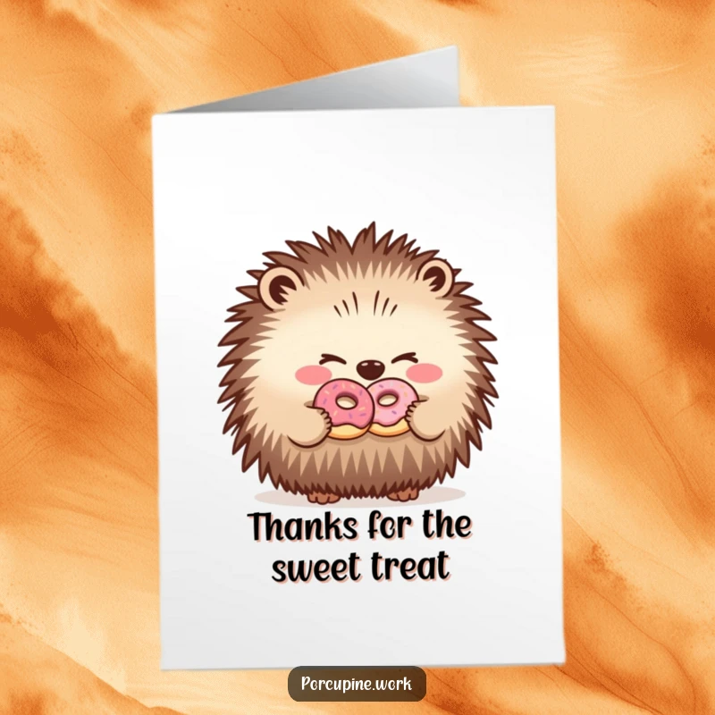 Funny Free Printable Thank You Card: Porcupine winks while sharing a tiny donut, a sweet thank you gesture.