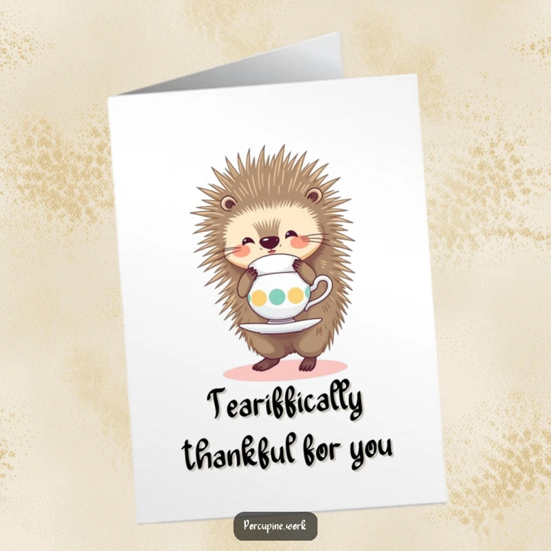 Funny free printable thank you card: a porcupine smiles while precariously balancing a teacup on its quills, a sweet gesture.