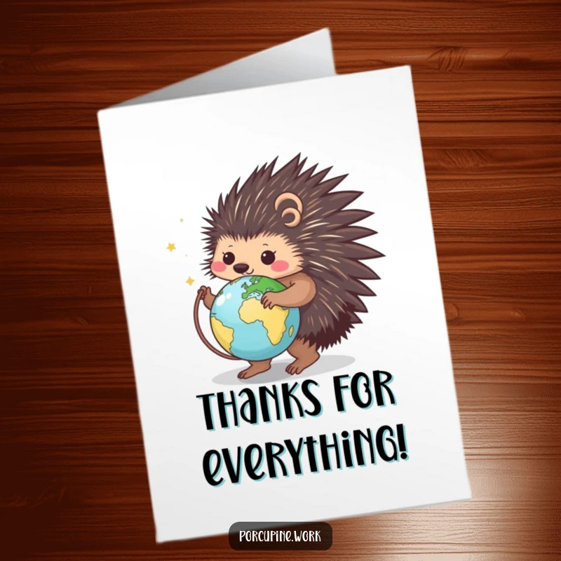 Funny Free Printable Thank You Card: A smiling porcupine spins a tiny globe, expressing a world of gratitude.