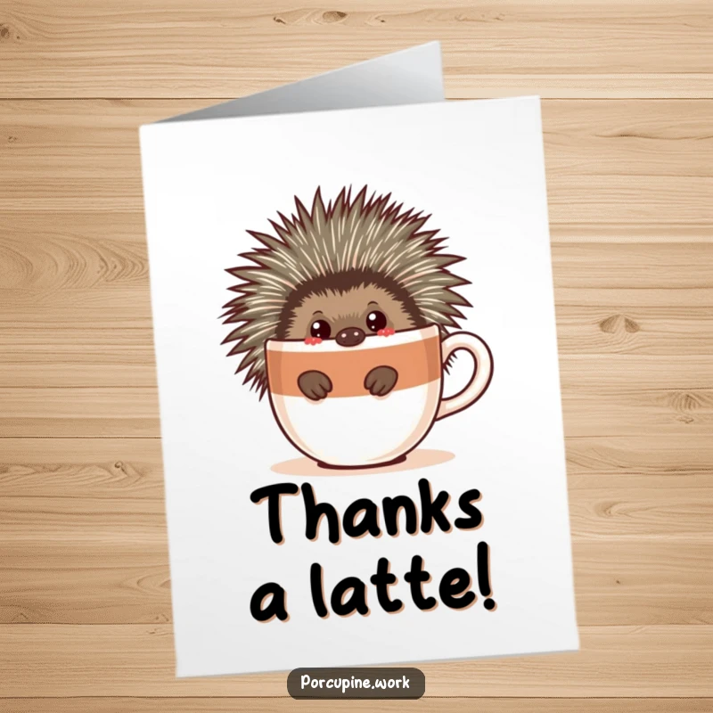 Funny Free Printable Thank You Card: A porcupine peeks around a giant coffee cup, offering a warm and quirky thank you.