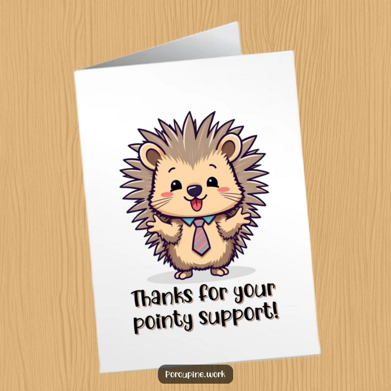 Funny Free Printable Thank You Card: A tie-wearing porcupine presents appreciatively, sharing gratitude.