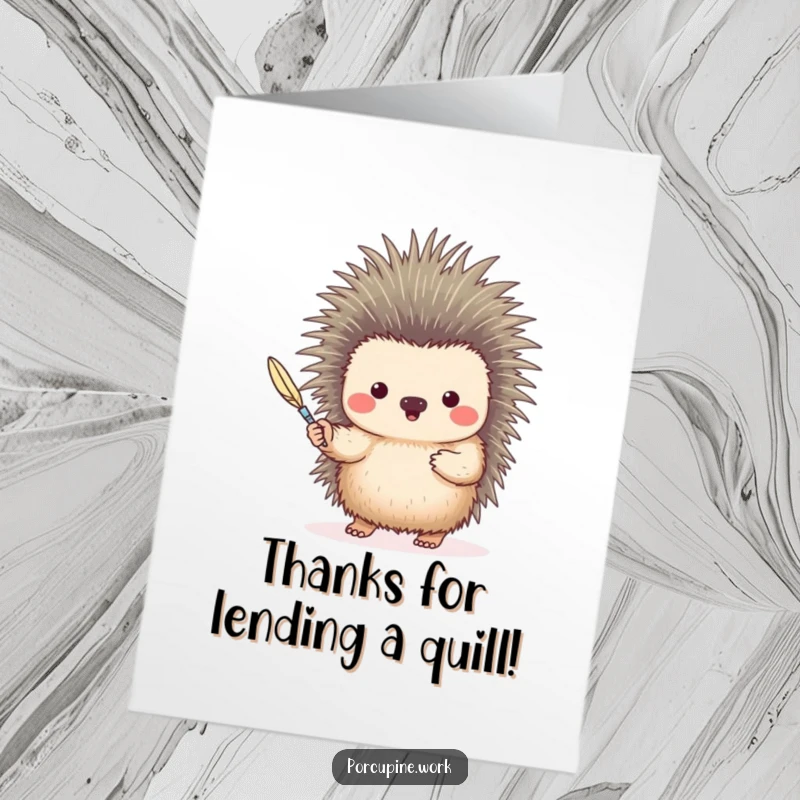 Funny Free Printable Thank You Card: A porcupine politely holds out a quill like a classic writing pen.