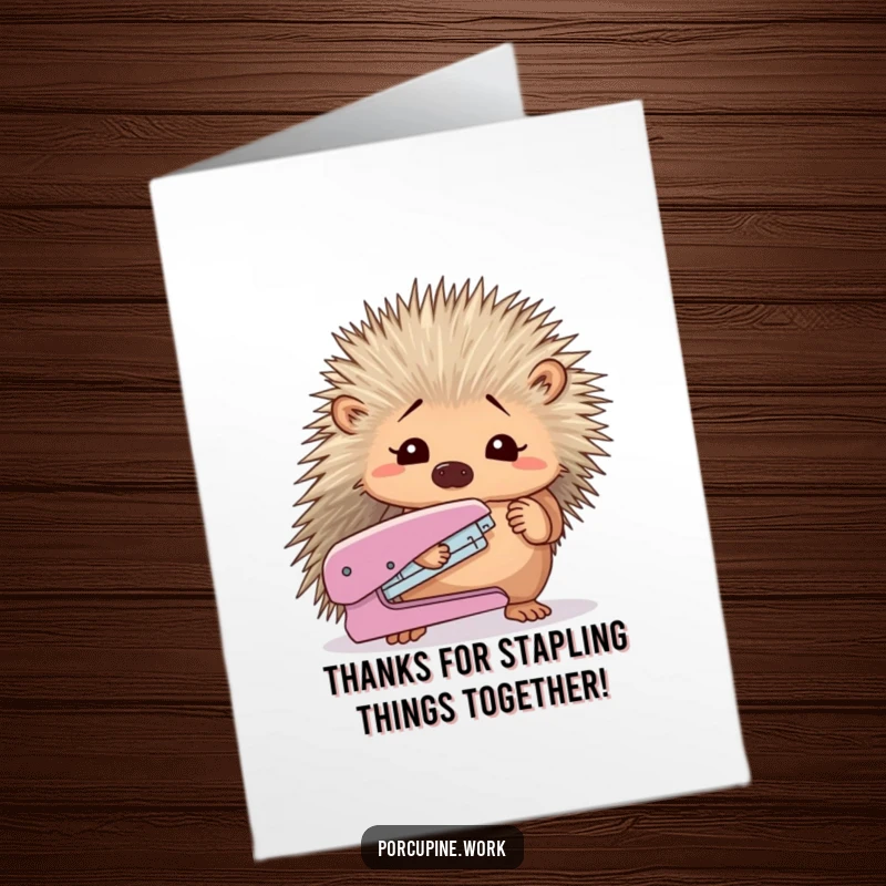 Funny Free Printable Thank You Card: A porcupine holds a stapler, looking utterly confused by its purpose.