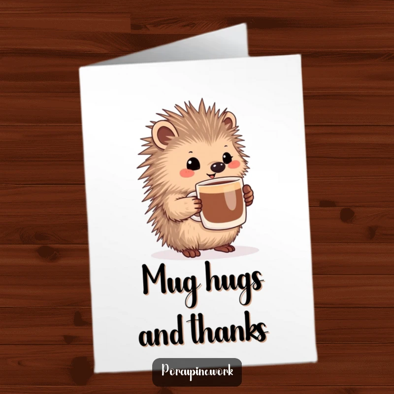 Funny Free Printable Porcupine Thank You Card, a porcupine with a pleased look holding a big coffee mug, expressing thanks.
