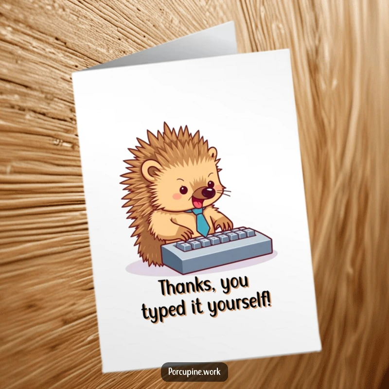 Funny free printable thank you card featuring a porcupine in a tiny tie, typing energetically on a computer keyboard.