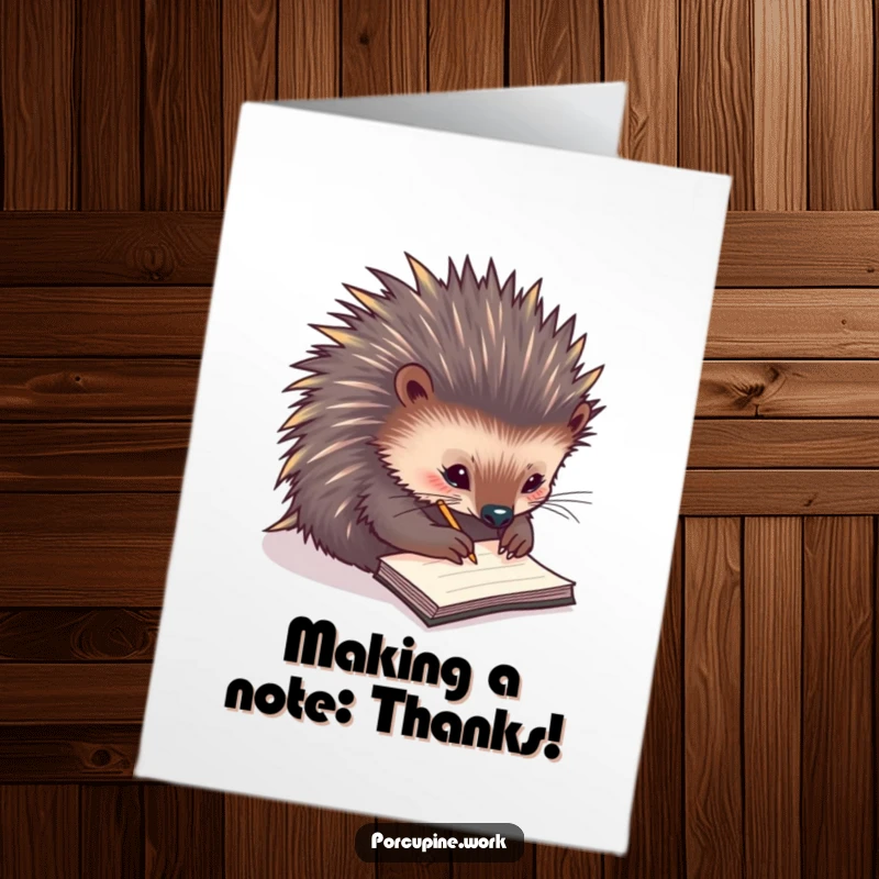 Funny Free Printable Thank You Card: A porcupine diligently scribbles notes on a tiny notepad, sending thanks.