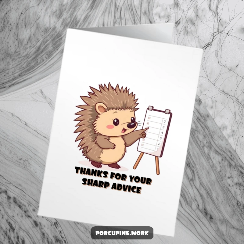 Funny free printable thank you card where a porcupine points at a chart, illustrating your gratitude clearly.