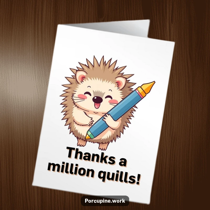 Funny Free Printable Thank You Card: A beaming porcupine wields a large pen, ready to write a thank you note. A unique downloadable.