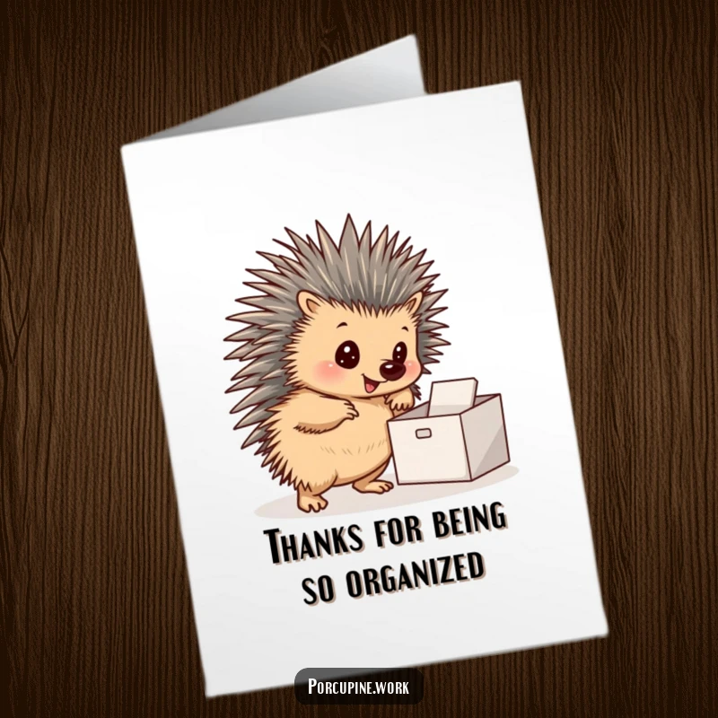Funny Free Printable Thank You Card: Confident porcupine stands proudly next to a perfectly arranged inbox, appreciating order.