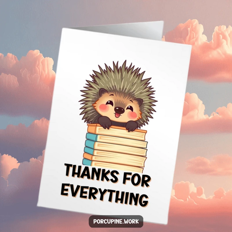 Funny Free Printable Porcupine Thank You Card, a porcupine peeking over piles of files with amusement, thanking them.