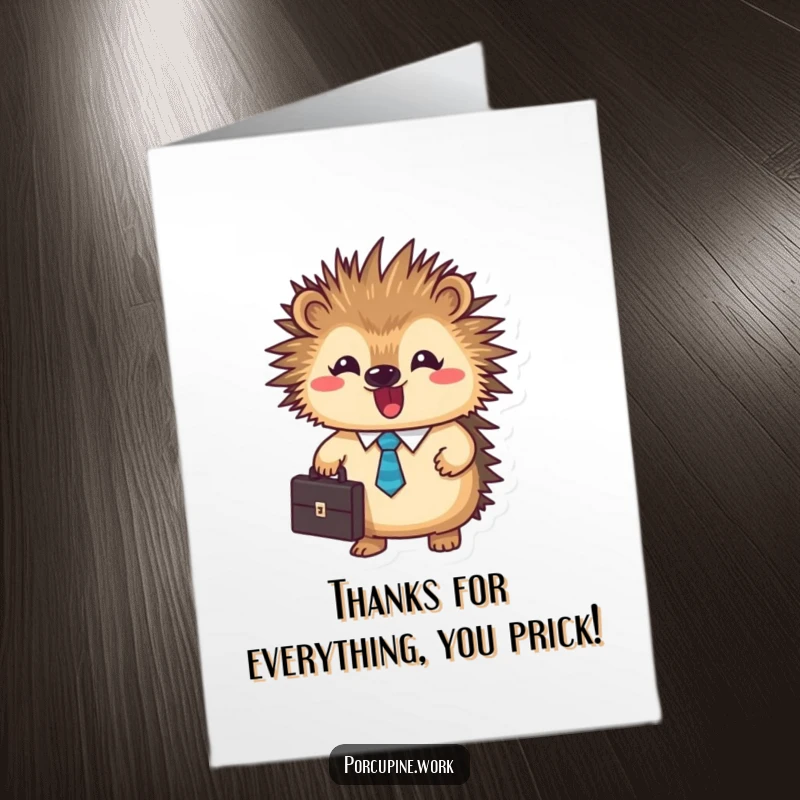 Funny Free Printable Thank You Card: Porcupine in a tie, holding a briefcase, showing sincere thanks.