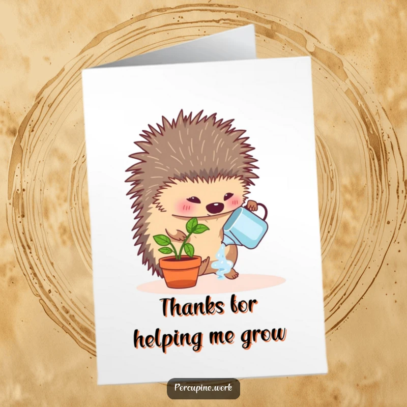 Funny Free Printable Thank You Card: A porcupine happily watering a tiny potted desk plant, office gratitude.