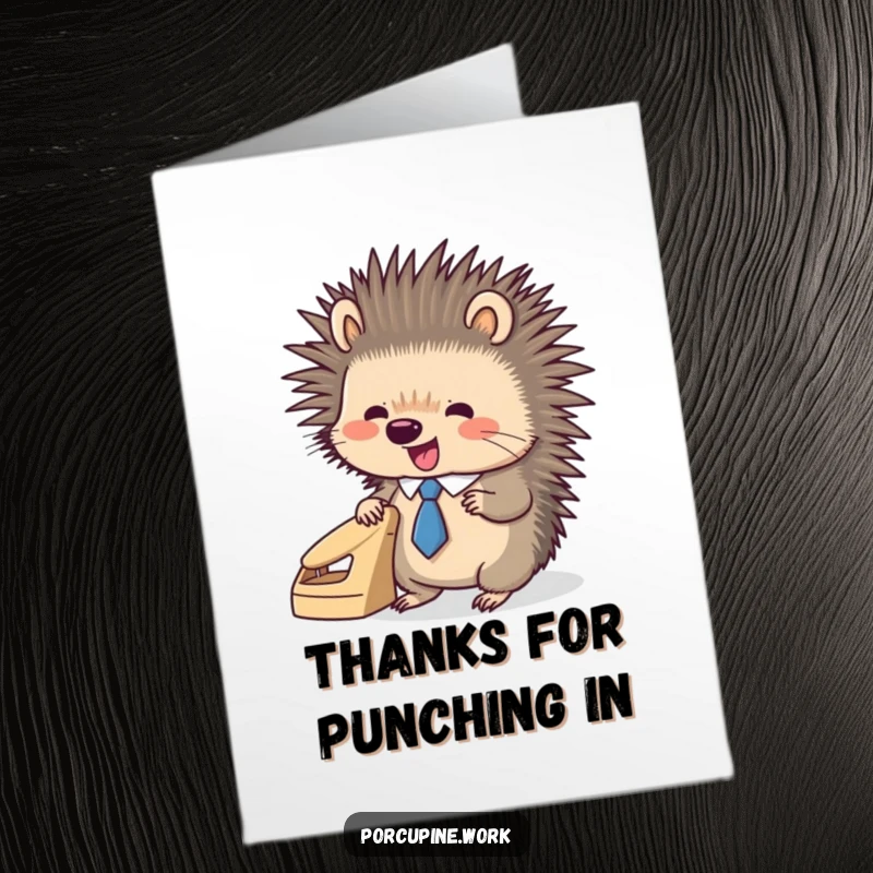 Funny Free Printable Porcupine Thank You Card, a porcupine in a tie holding a hole punch, expressing sharp thanks.