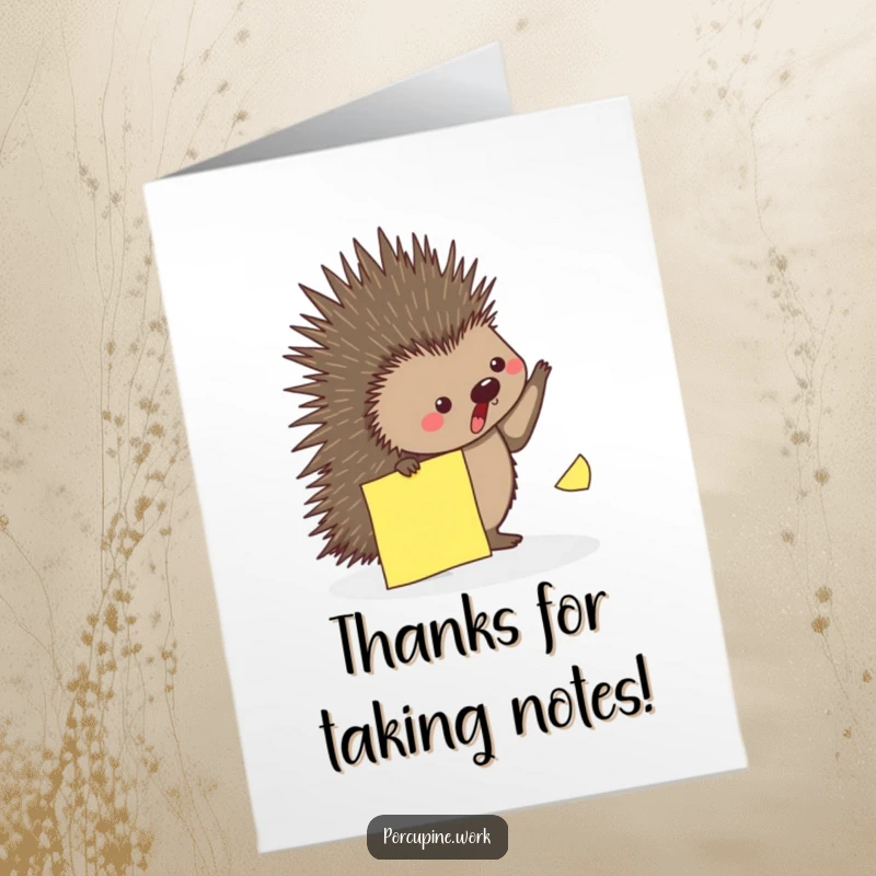 Funny Free Printable Thank You Card: A porcupine playfully dodges a falling sticky note to express thanks.