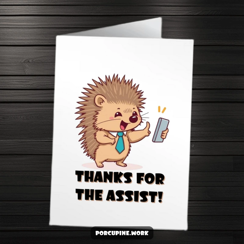 Funny Free Printable Thank You Card: A porcupine in a neat tie enthusiastically high-fives another, expressing sincere appreciation.