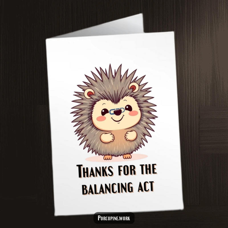 Funny Free Printable Thank You Card: A porcupine balancing a paperclip on its nose, office thanks.