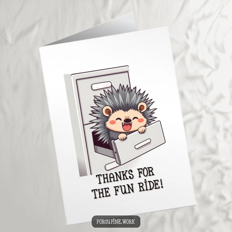 Funny Free Printable Thank You Card: A porcupine gleefully slides down a filing cabinet, bringing a smile to express thanks. Unique downloadable.