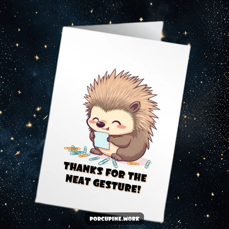 Funny Free Printable Thank You Card: A porcupine looking pleased while neatly organizing small paperclips.
