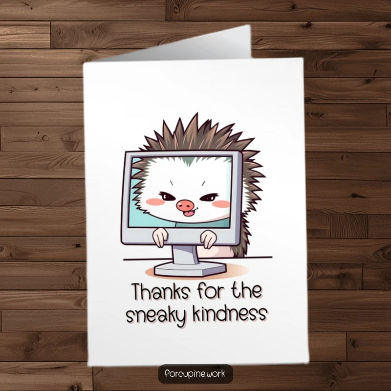 Funny free printable thank you card of a porcupine hiding behind a computer monitor, giving a sly grin. Thanks for the sneaky help!