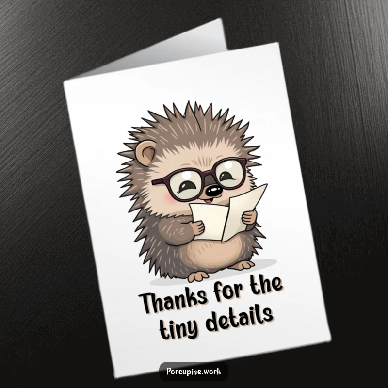 Funny free printable thank you card showing a porcupine in glasses carefully reading a minuscule document, appreciating the details.