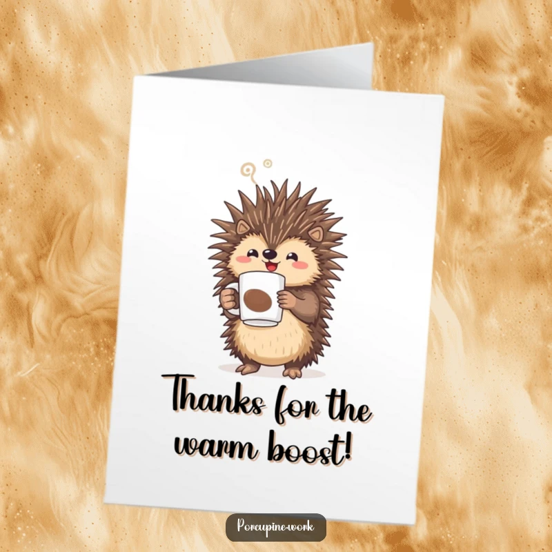 Funny Free Printable Thank You Card: A porcupine happily clutches a steaming coffee mug, showing appreciation.