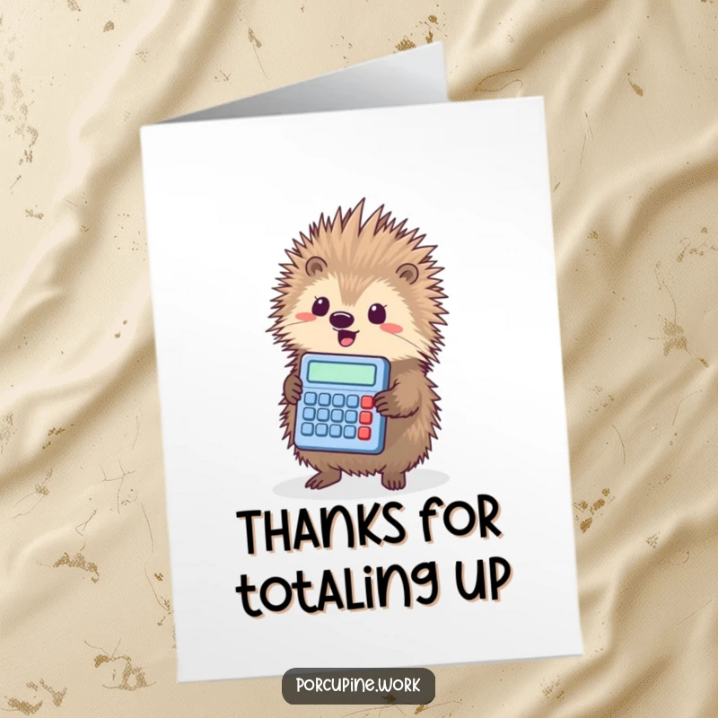 Funny Free Printable Porcupine Thank You Card, a porcupine victoriously holding a tiny calculator, thanking them precisely.