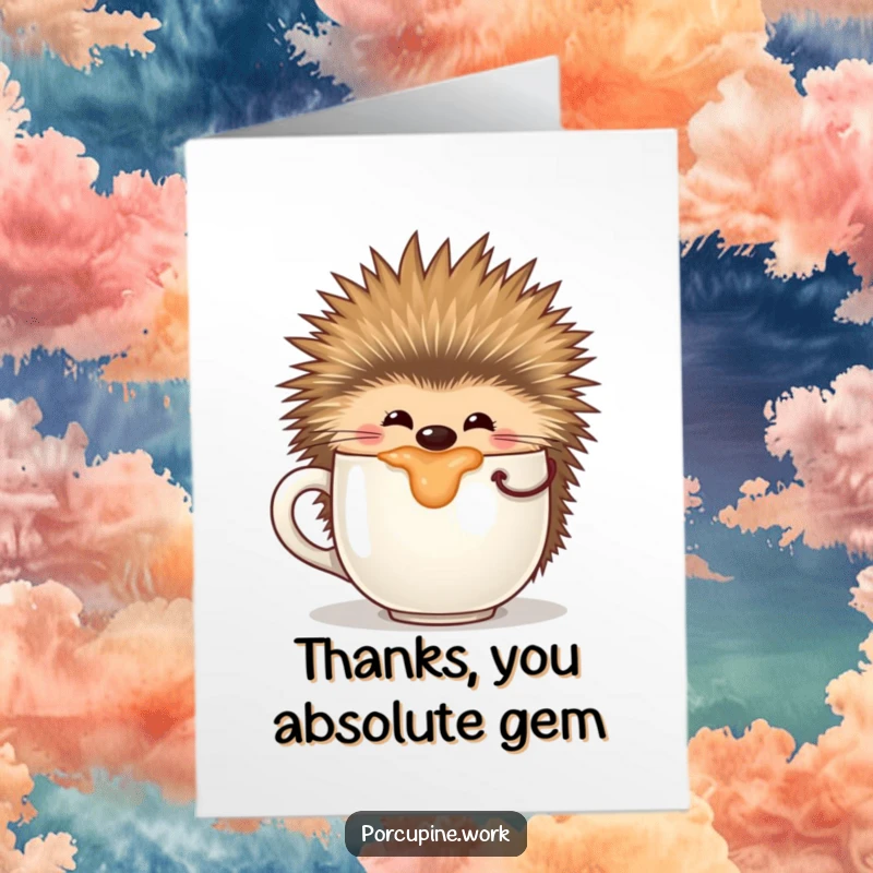 Funny Free Printable Thank You Card: A happy porcupine enjoys a large cup of coffee, conveying cozy gratitude.