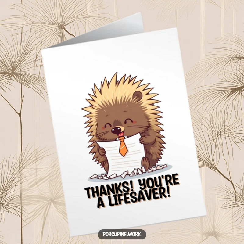 Funny Free Printable Thank You Card: A porcupine in a small tie playfully shredding a document, a comical way to say thanks.