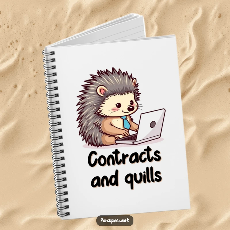 Funny notebook cover with a porcupine wearing a tiny tie, typing energetically on a laptop, perfect for professional and humorous note-taking.