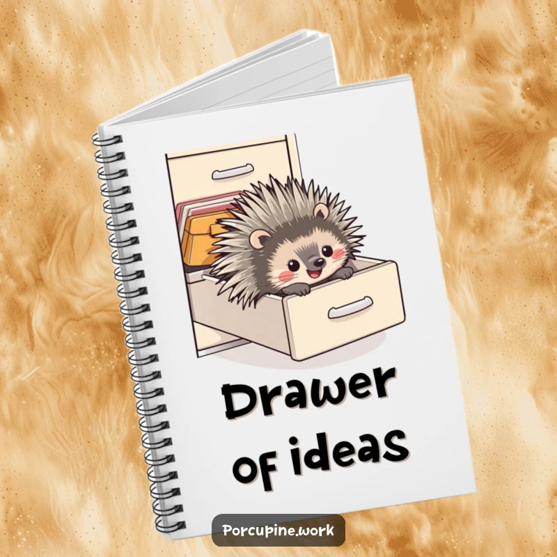Funny notebook cover featuring a porcupine sliding down a filing cabinet drawer with an expression of pure delight, ideal for note-taking.