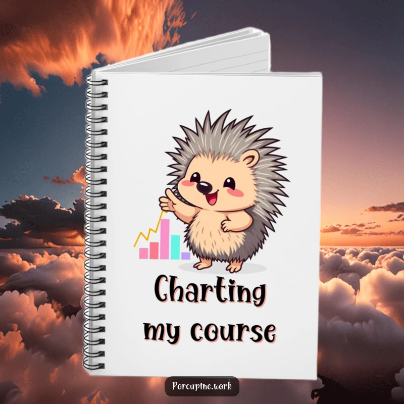 Funny notebook cover with a porcupine enthusiastically pointing at a colorful graph, perfect for recording insights.