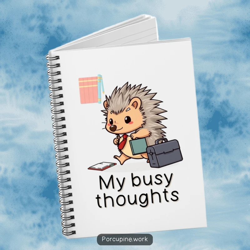 Funny porcupine with a briefcase happily scurries across a desk, ideal for note-taking on this humorous notebook.