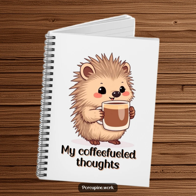 Funny porcupine holding a large coffee mug with a pleased expression, a cute and inspiring notebook for daily notes.