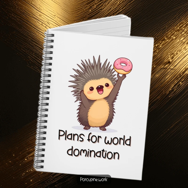 Funny notebook showcasing a porcupine triumphantly holding a mini donut, perfect for jotting down ideas and celebrating small victories.