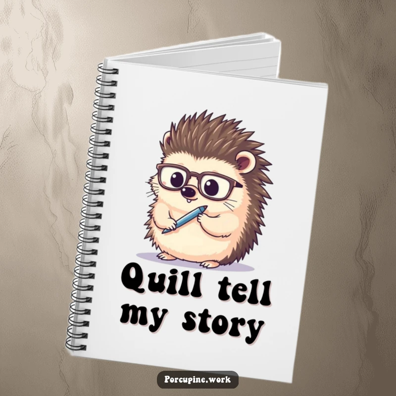 Funny porcupine wearing spectacles, thoughtfully holding a pen, lined notebook for journaling and ideas, great funny gift.