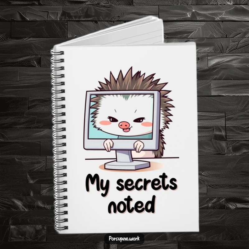 Funny porcupine hiding behind a computer monitor with a sly grin, lined notebook for ideas and plans, great funny gift.