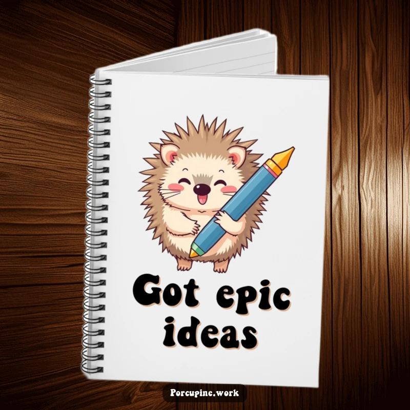 Funny notebook with a porcupine holding a giant pen, ideal for capturing creative thoughts and daily notes.