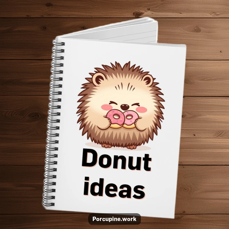 Funny notebook with a porcupine winking and sharing a donut, designed for capturing thoughts and office humor.